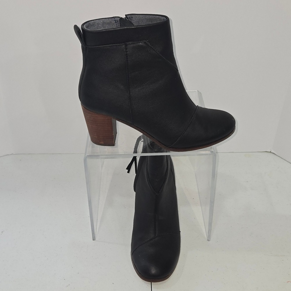 TOMS Leila Black Ankle Boots Women 9 Block Heel Side Zip Booties AC622